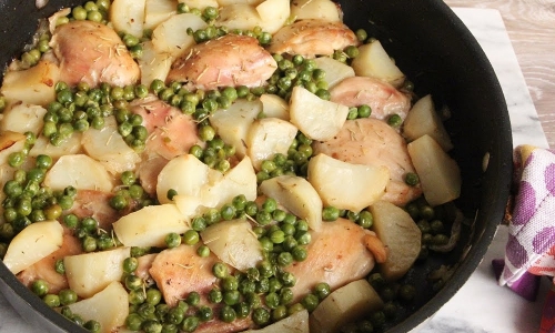 One Pan Roasted Chicken With Potatoes And Peas Recipe Laura In The Kitchen Internet Cooking Show