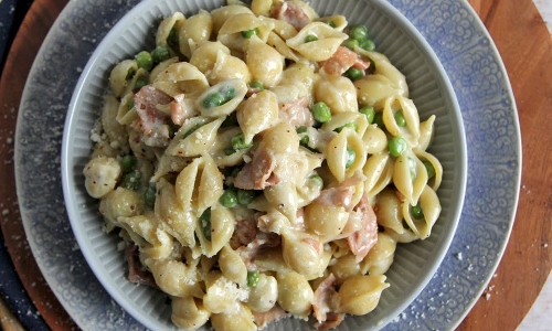 Creamy Shells with Peas and Prosciutto Recipe | Laura in the Kitchen -  Internet Cooking Show