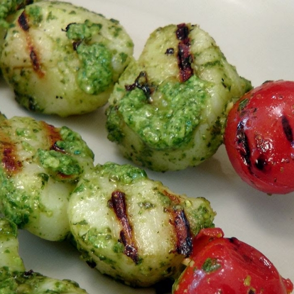 Grilled Pesto Scallop Skewers