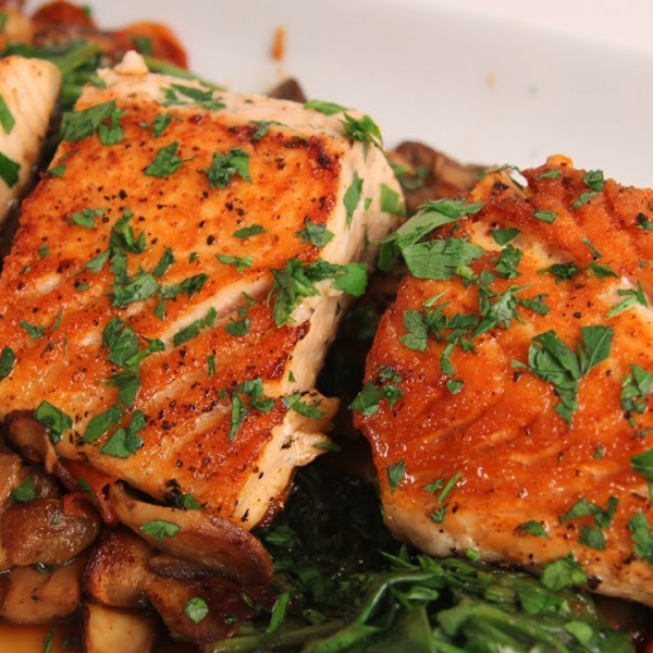Seared Salmon with Sauteed Spinach and Mushrooms